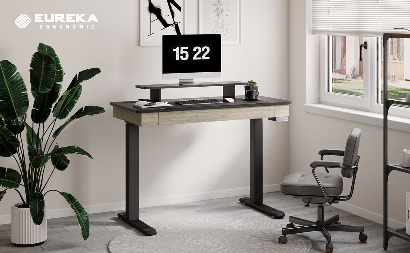 Eureka Ergonomic Standing Desk Adjustable Height 61 Electric Sit Stand Computer Desk L Shaped with Keyboard Tray,Monitor Stand &LED, Dual Motor