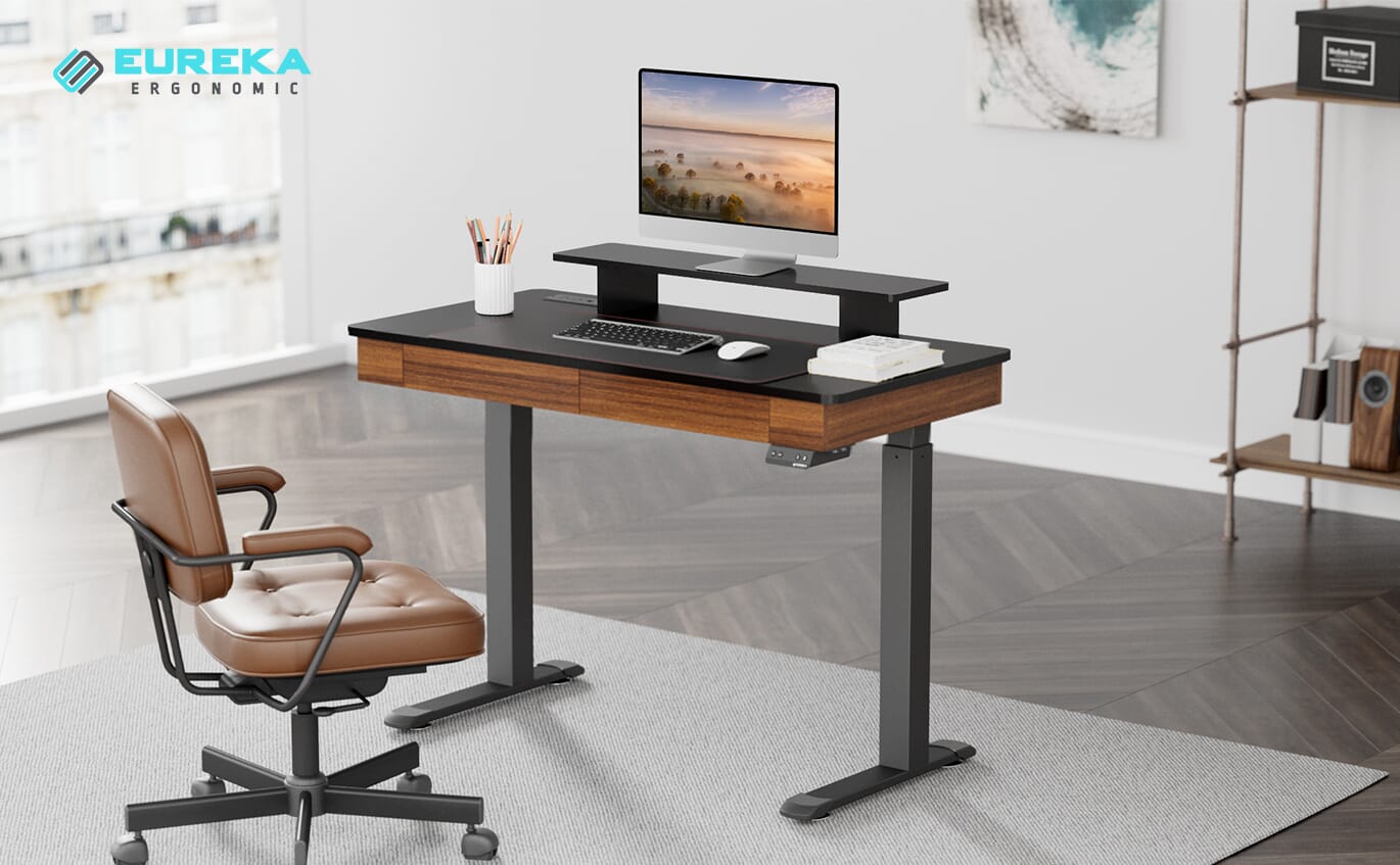 47 Inch Electric Standing Desk with Drawers and Monitor Riser